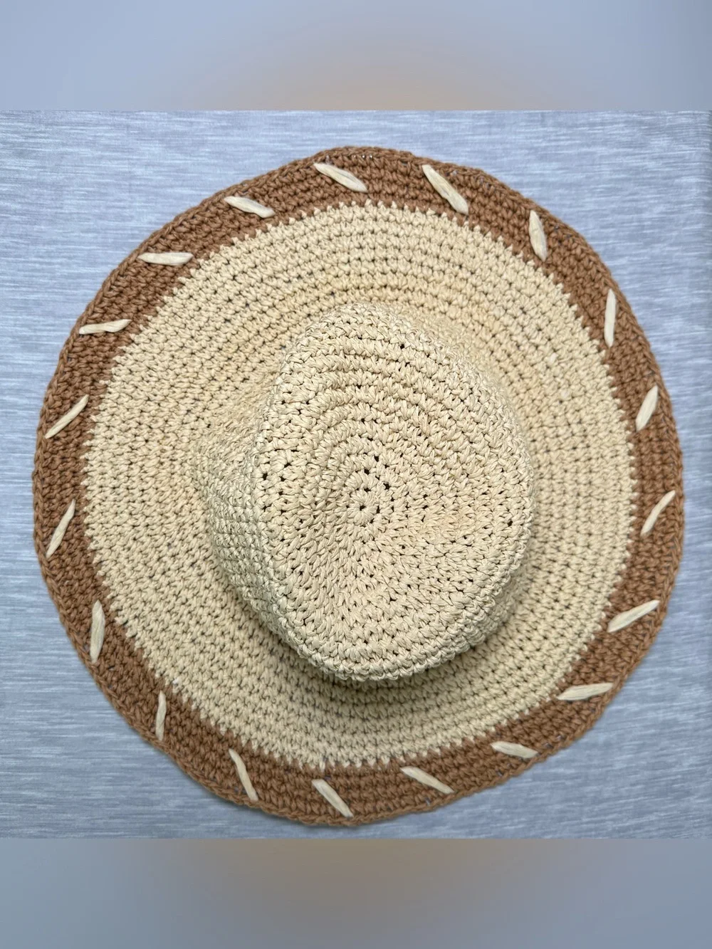 By Anthropologie Crochet Paper Floppy Sun Hat Cream Tan Colorblock Whipstitch OS
